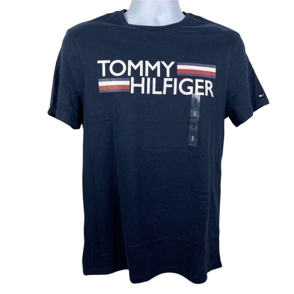 Tommy Hilfiger Fall '21 Graphic Stripe Tee Men's Small Navy Blue Sleeve Flag NEW
